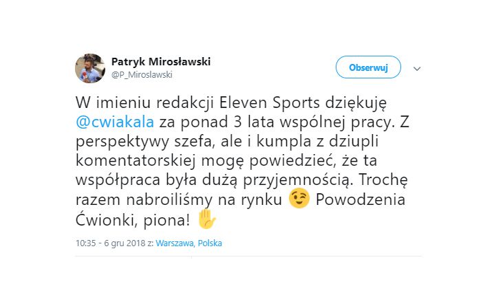 Tomasz Ćwiąkała opuszcza ELEVEN Sports